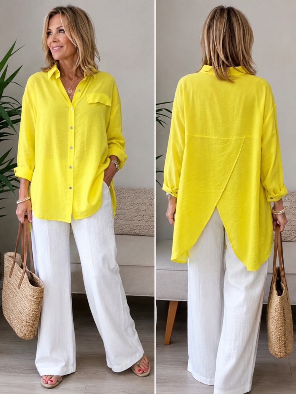 Women's Bright Yellow Button-Down Split-Back Shirt